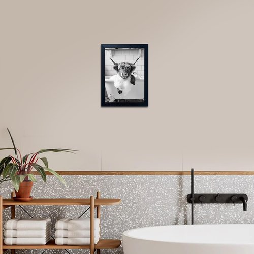 Highland Cow Wall Art | Funny Bathroom Decor - Black and White Canvas Print, Framed Animal Artwork