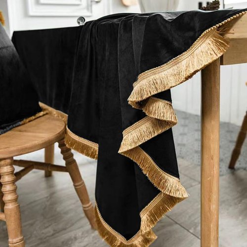 FAIRY KAARI Velvet Tablecloth Luxurious Black Rectangle Table Tablecloth Thickset with Luxurious Gold Tassels Table Cloth for Home Decor Christmas Wedding, Party, Banquet and Events 60X120inch