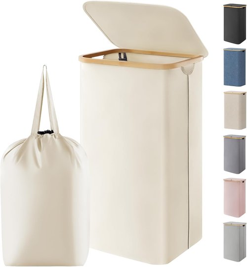 Lifewit 100L Laundry Basket - Foldable Hamper with Lid & Bamboo Handles | Removable Bag, White