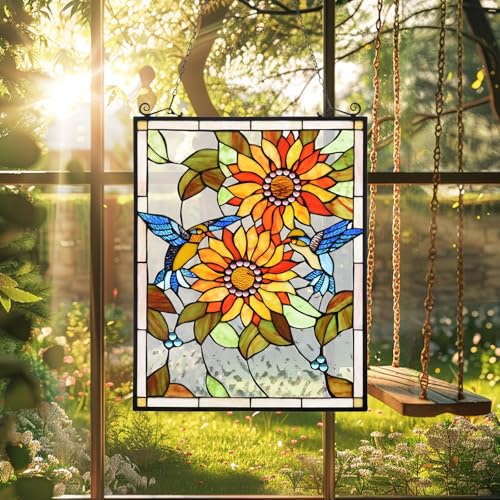 Stained Glass Window Hanging Panel - Sunflowers and Birds Design