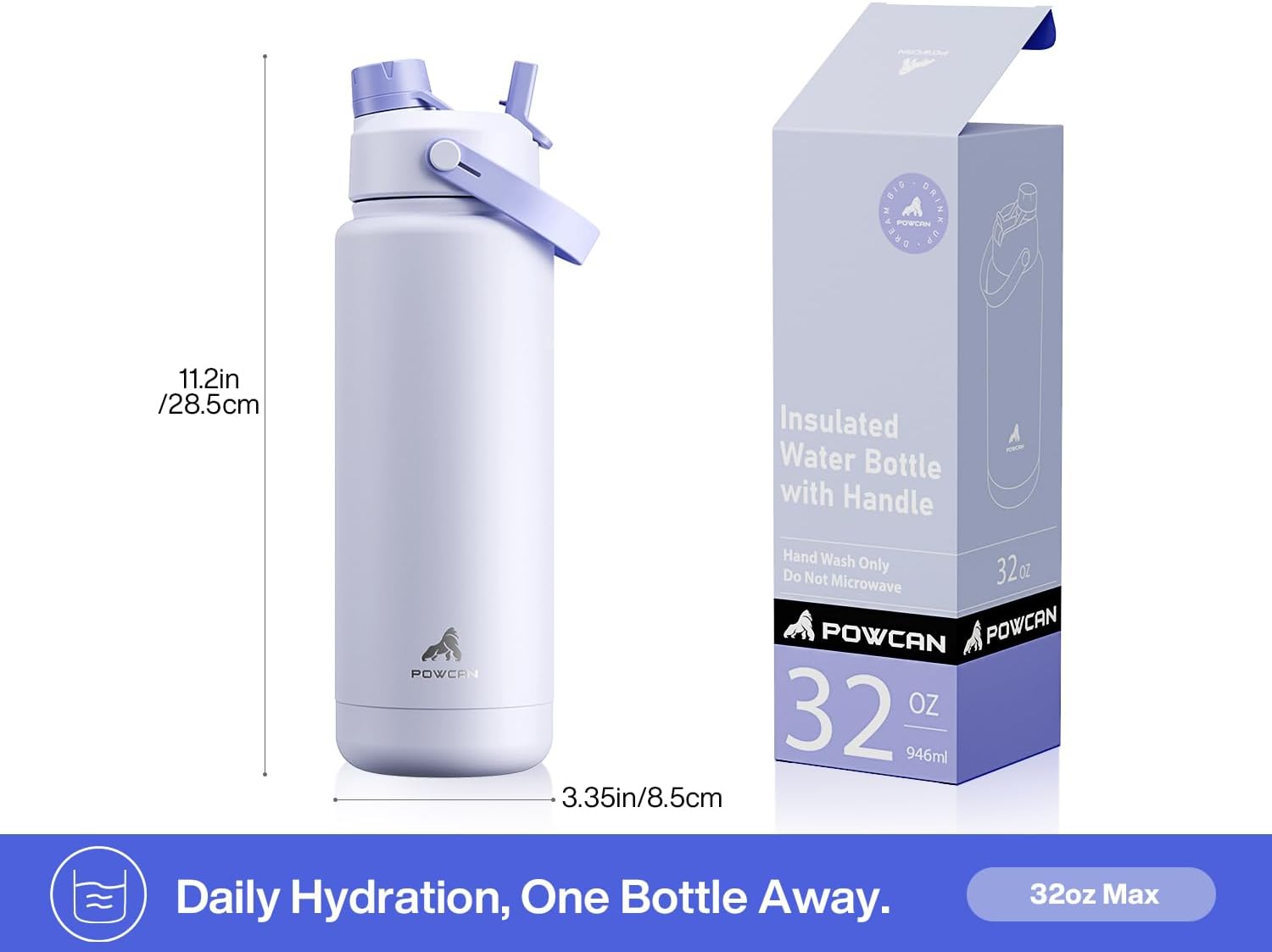 POWCAN 32 oz Insulated Water Bottle - 2-in-1 Straw & Spout Lid, Leak-Proof, BPA-Free, Double Wall Stainless Steel (Lupine)
