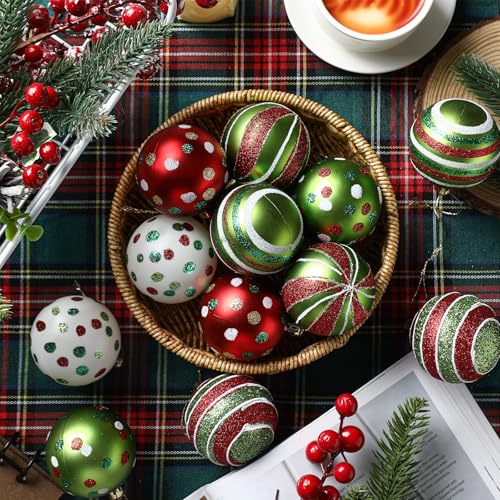 Shatterproof Christmas Tree Ornaments - 12 Pcs 2.4" Red & Green Glitter