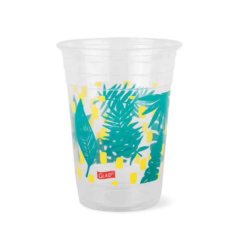 Glad Everyday Clear Plastic Cups with Palm Leaves Print - Sturdy Disposable Drinking Cups for Cold Beverages, Parties, Picnics, and Everyday Use, Recyclable #5 Plastic, 18 oz, 50 Count