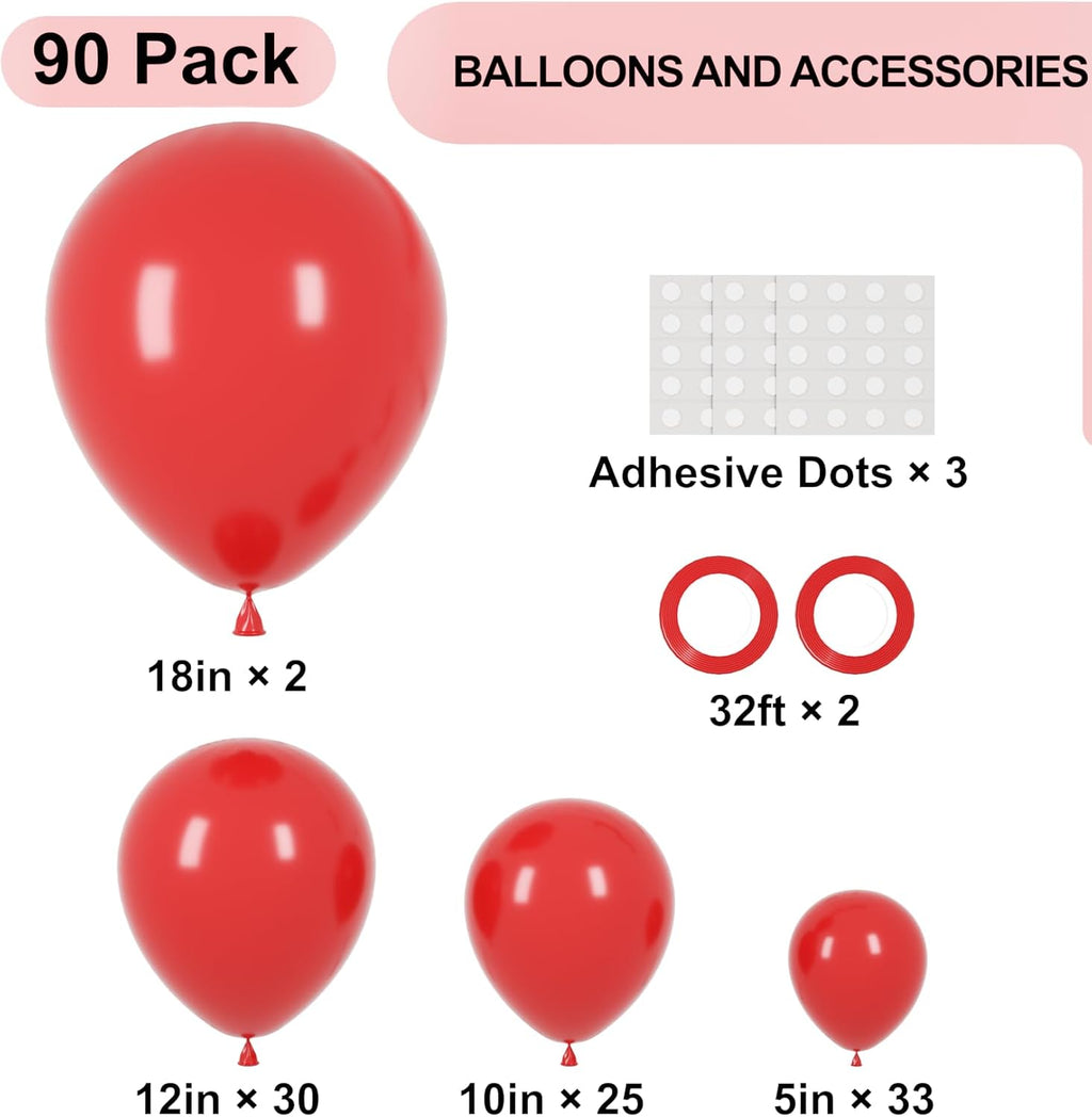 Voircoloria Red Balloon Garland Arch Kit - 90 Pack in Various Sizes for Valentine's Day, Weddings & Parties