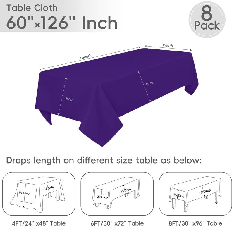8 Pack Purple Tablecloth 60 x 126 Inch Rectangular Table Cloth for 8 Foot Rectangle Tables, Wrinkle Resistant Washable Rectangle Fabric Table Covers for Wedding Party Banquet Buffet and Camping