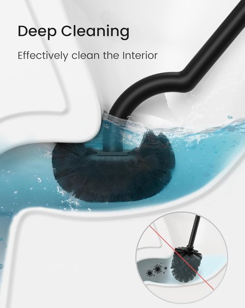 Cesun Toilet Brush and Holder Set - Curved Design for Deep Cleaning | 304 Stainless Steel, Black, 2 Replaceable Heads