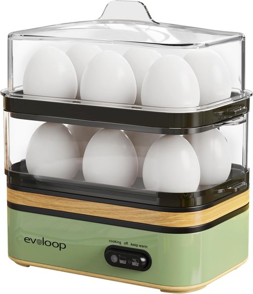 Evoloop Electric Egg Cooker - Rapid 12 Egg Capacity for Soft, Medium, Hard Boiled & Poached Eggs | BPA Free Green Tray