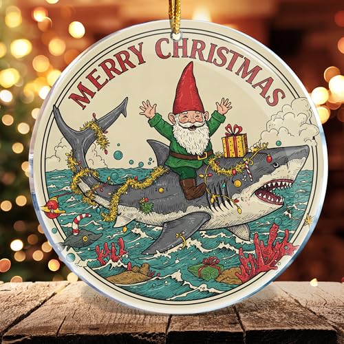 ROCI Gnome Ride Shark Christmas Ornament - Funny Ocean Beach Gnome Decor