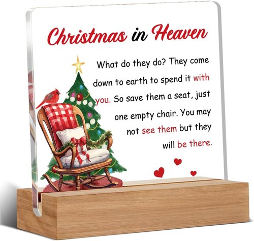 Cardinal Memorial Gift - Christmas In Heaven Empty Chair Sign | 4x4 Inches Home Decor