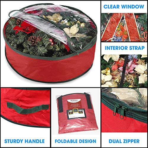 Primode Christmas Wreath Storage Bag - Extra Large 48" Container with Clear Window | Durable 600D Oxford Material | Red