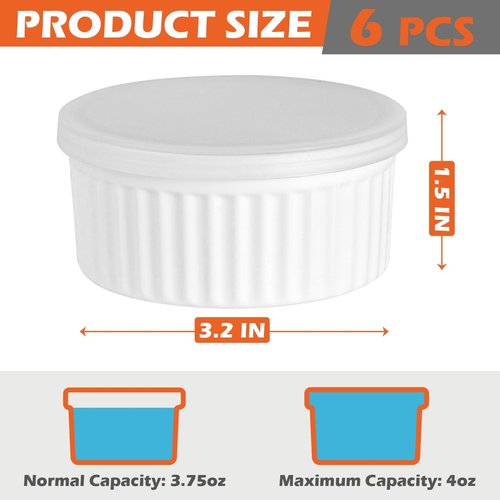 Koluti 6-Pack Nonstick Silicone 4oz Ramekins with Lids, Oven Safe Creme Brulee Baking Small Bowls, Souffle Ice Cream Pudding Dessert Dipping Sauce Cups, BPA Free, Microwave & Freezer & Dishwasher Safe