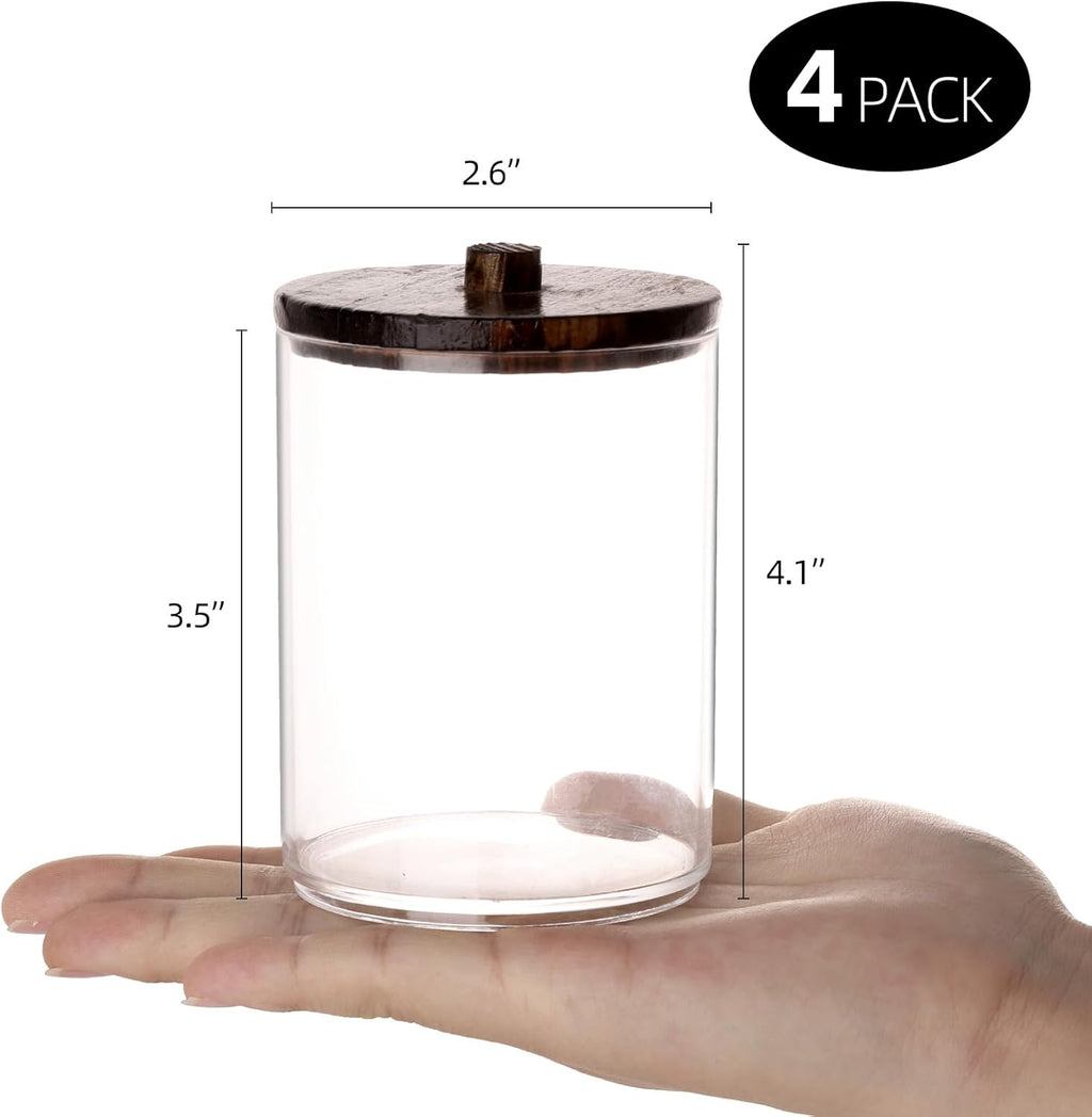 Tbestmax Qtip Holder Bathroom Set - 4 Clear Plastic Organizers with Wood Lids for Cotton Balls & Swabs