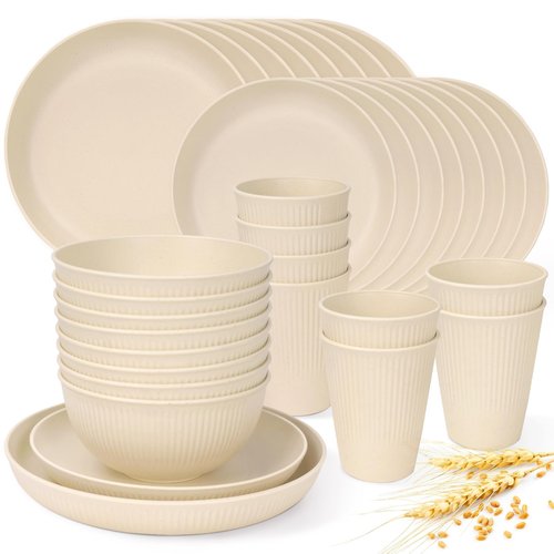 Lzerking Wheat Straw Dinnerware Sets for 8, 32-Piece Plates and Bowls Sets for Kitchen, Dishwasher Safe, Reusable Unbreakable Dinnerware Set for Camping, RV, Picnic