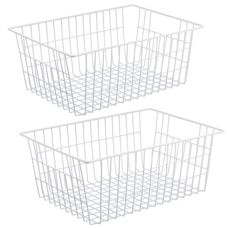 iPEGTOP Wire Storage Freezer Baskets, Set of 2 13.4" Household Organizer Storage Bins Fridge Basket Rack with Handles for Kitchen Cabinets, Pantry, Office, Bathroom Organization - White