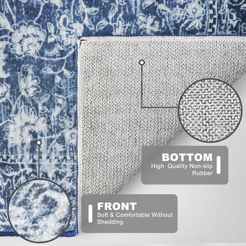 2x6 Floral Washable Runner Rug, Non-Slip Navy Blue Kitchen Hallway Carpet