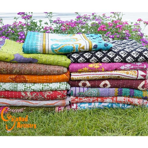 Handmade Indian Vintage Kantha Quilts - Reversible Cotton Blanket, Twin Size 85x55 Inches