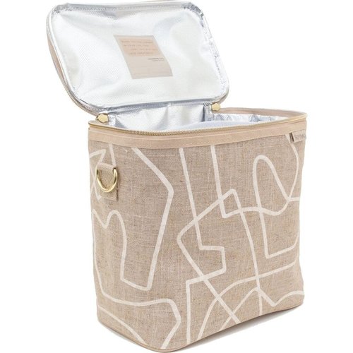 SoYoung Lunch Poche - Insulated Lunch Bag for Work, Travel & Picnic, Aesthetic Design, Linen/Cotton, Machine Washable, Detachable Strap - White Abstract Lines