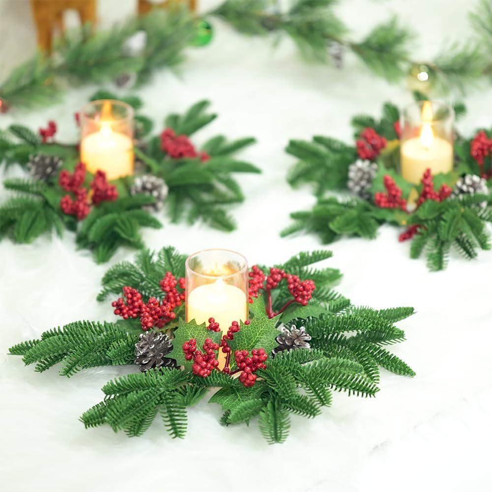 Skiennix Christmas Small Wreaths - 3 Pcs 13.5 Inch Pine Candle Rings for Table Centerpieces & Home Decor