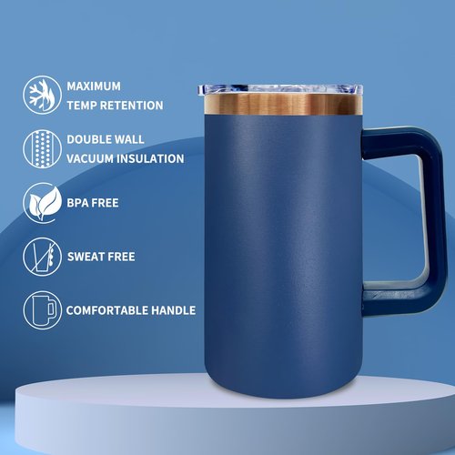 Metalya 20 oz Insulated Coffee Mug with Lid, Stainless Steel Coffee Tumbler Bulk, Double Wall Vacuum Travel Mug with Handle, Leakproof Powder Coated Coffee Cups for Hot and Cold Drinks (Navy,1 pack)