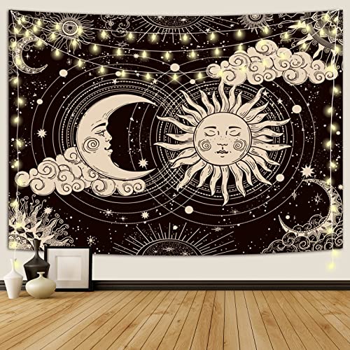 Sun and Moon Wall Tapestry - Aesthetic Black Wall Hanging (51.2" x 59.1")