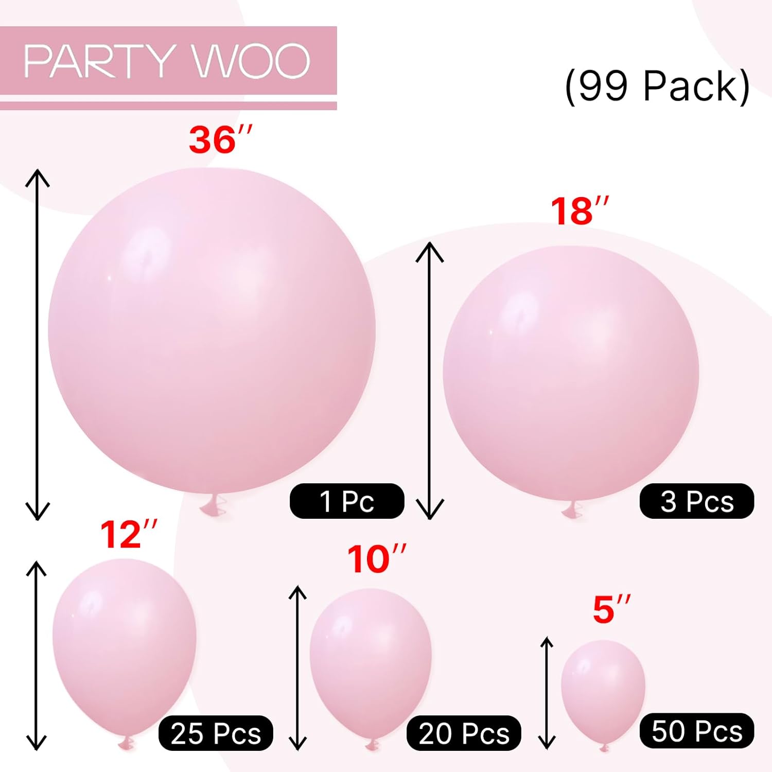 PartyWoo Light Pink Balloon Arch Kit - 99pcs in Various Sizes for Baby Shower & Birthday Decor | Pastel Pink