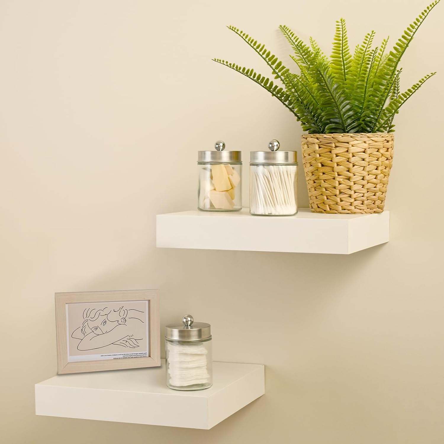SheeChung Glass Qtip Holder Dispenser - Rust-Proof Stainless Steel Apothecary Jars | Bathroom Organizer for Cotton Swabs, Balls, Pads - Brushed Nickel Finish
