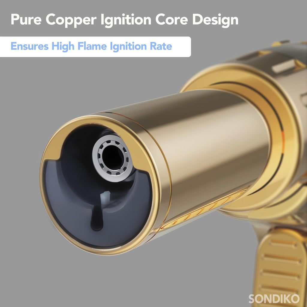 Sondiko Dual Style Butane Torch Lighter - Adjustable Flame Size & Continuous Flame Lock | Gold Finish