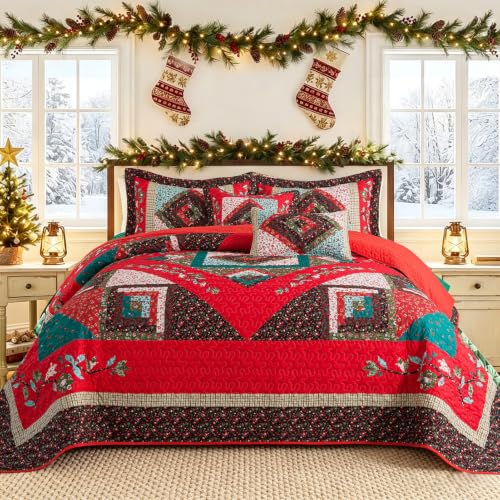 Christmas California King Size Quilt Set - Cotton Bedspreads, Festive Floral Print