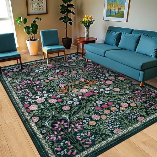 8x10 Washable Vintage Floral Area Rug - Non-Slip Dark Green Carpet