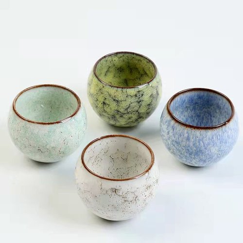 Fuzencup MQjzsh Handmade Chinese Japanese Tea Bowls, Tea Cup Set, 4 Pack, 110ml / 3.7oz for Office, Home, Gifts (Y,Lb，Lg,W)