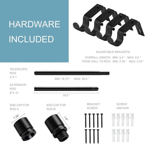 Byondeth Adjustable Curtain Rods for Windows - 16 to 200 Inches, 1 Inch Diameter, Black Aluminum Finials