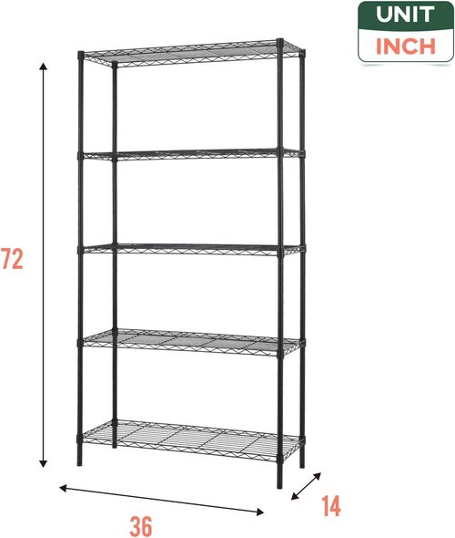 FDW Wire Shelving Unit - 5-Tier Adjustable Metal Rack for Kitchen, Garage & Pantry | 14" D x 36" W x 72" H - Black