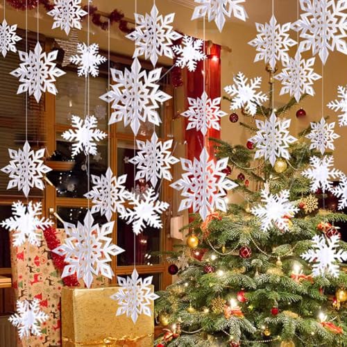 3D White Glitter Hanging Snowflake Ornaments & Garland Set (24 Pcs)