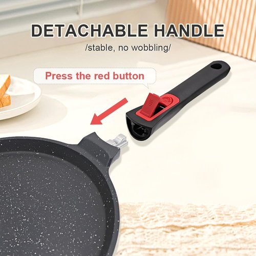 Non Stick Crepe Pan with Detachable Handle, 8 Inch Cast Aluminium Dosa Tawa Tortilla Pan, Pancake Pan Induction Compatible - Black