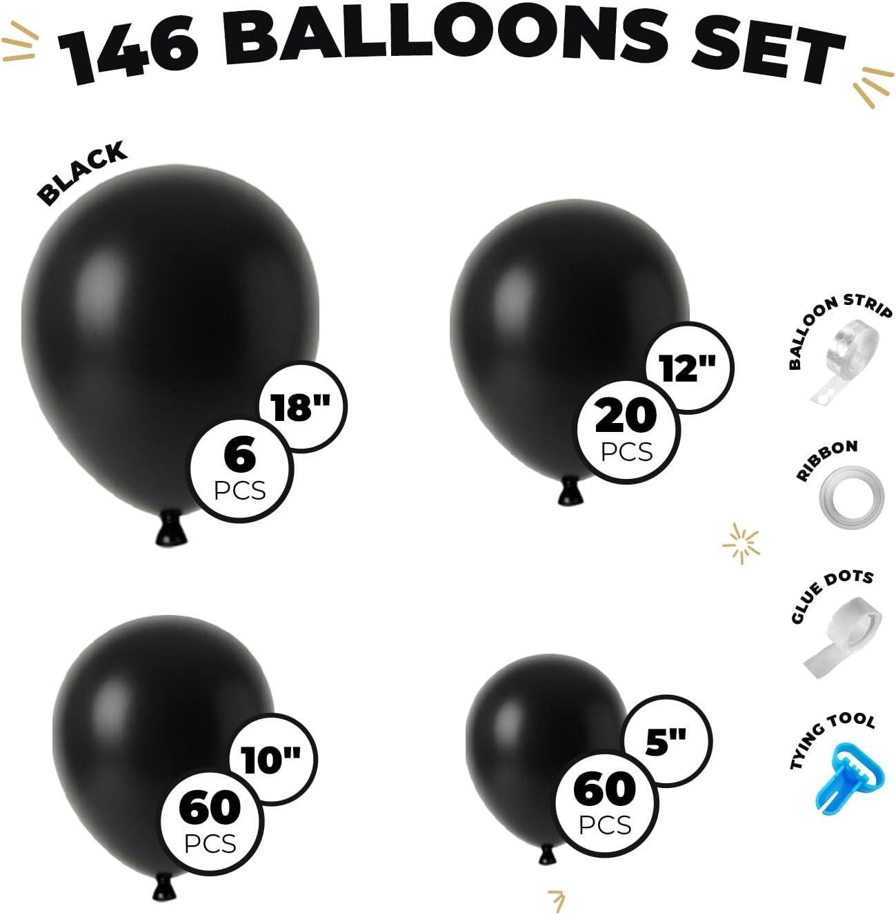 Vellax™ Balloon Garland Arch Kit - 146 Pcs Black Balloons for Baby Showers, Birthdays & Weddings