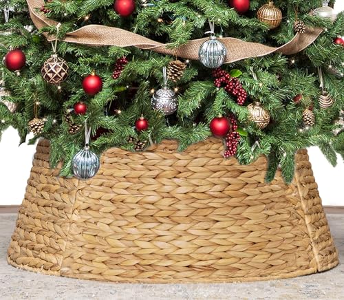 28-Inch Woven Water Hyacinth Christmas Tree Collar - Adjustable Ring Skirt