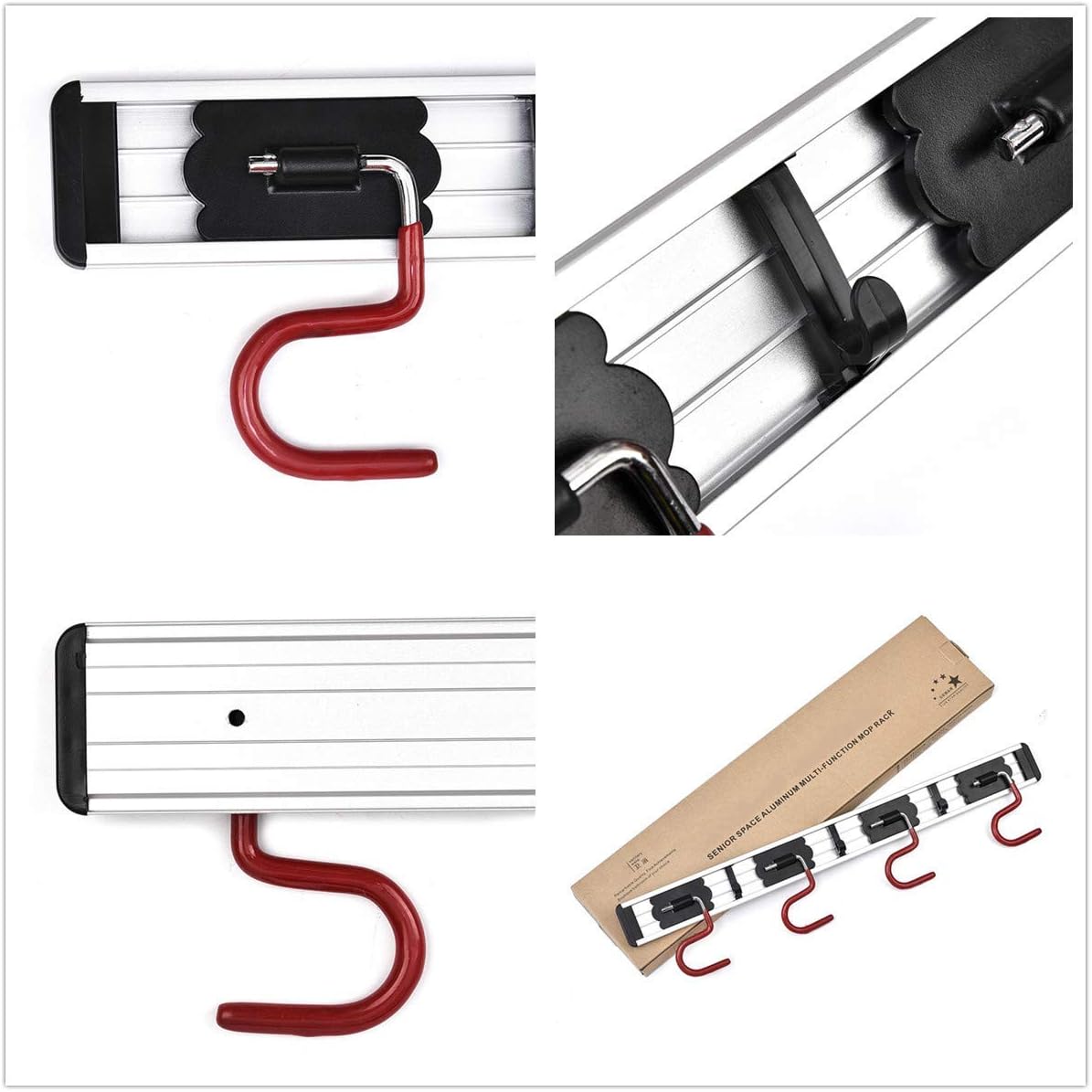 Skiennix Wall Mounted Mop and Broom Holder - Stainless Steel Organizer with 4 Positions & 3 Hooks | 17 Inches, Red/Black