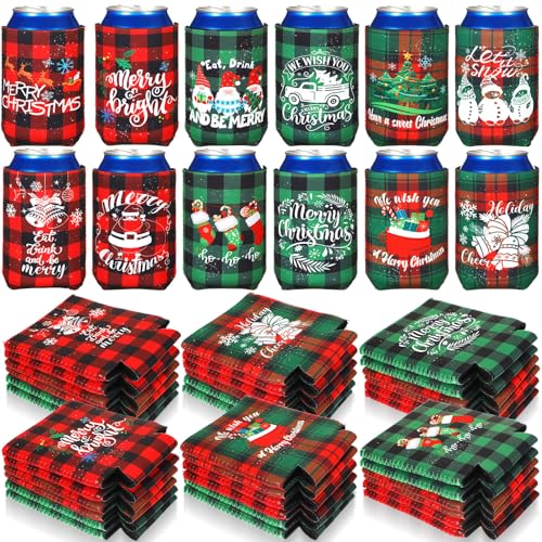 Tioncy 60 Pcs Christmas Beer Can Sleeves Insulated Plaid Style - 12 oz