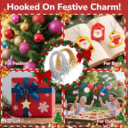 200 Pcs Precut Ornament String Hangers with Snap Fasteners - Gold & Silver