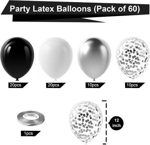 Bezente Black Silver Confetti Balloons - 60pcs 12-Inch Metallic Chrome & Confetti for Parties
