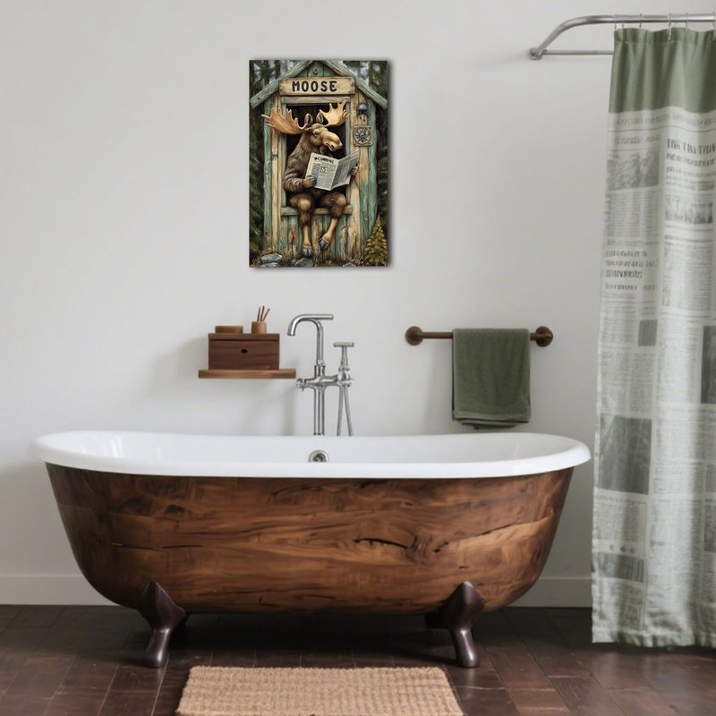 BJYCHG Moose Bathroom Wall Decor Rustic Moose In Outhouse Toilet Reading Newspaper Canvas Prints Forest Wildlife Picture Farmhouse Cabin Decor Framed (Brown, 24L x 16W)