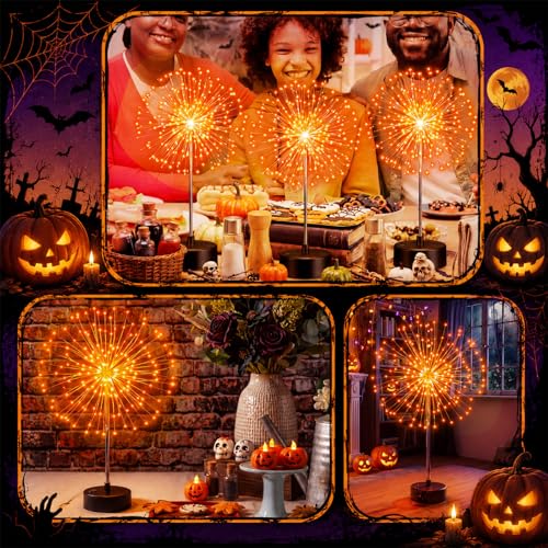 Halloween Firework Lights Table Centerpiece - 3 Pack Orange LED Decorative Decor