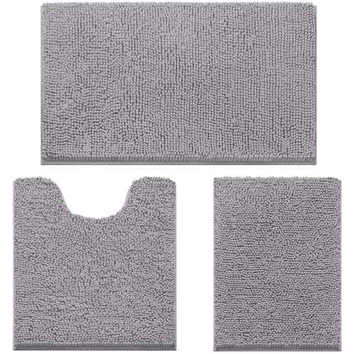 HOMEIDEAS 3-Piece Chenille Bathroom Rug Set, Soft Absorbent & Non-Slip Bath Mats, Grey