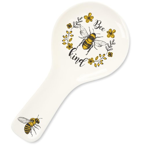 FYSUIMU 9.4inch Bee Ceramic Spoon Rest Yellow Black Bee Flower Cooking Spoon Holder for Summer Stove Top Kitchen Counter Decor