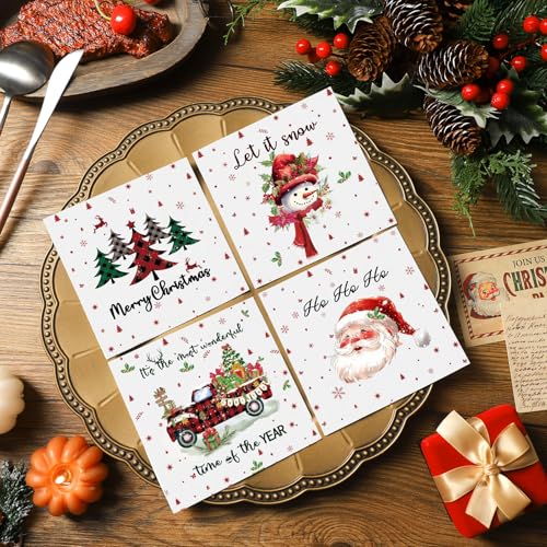 Fulmoon 200 Pcs Christmas Cocktail Paper Napkins - 4 Styles, Disposable Holiday Party Supplies