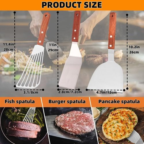 Professional 3-Piece Metal Spatula Set, Stainless Steel Slotted Fish Turner with Wooden Handle, Kitchen Flipper for Perforated and Slotted Cooking Utensils
