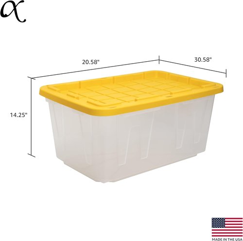 CX Black & Yellow 27-Gallon Heavy Duty Storage Bins - Stackable & Weather-Resistant | 4 Pack (14.3H x 20.6W x 30.6D)
