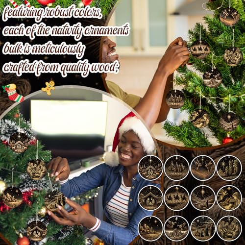 60 Pcs Nativity Scene Christmas Ornaments Wooden Decorations Bulk Set