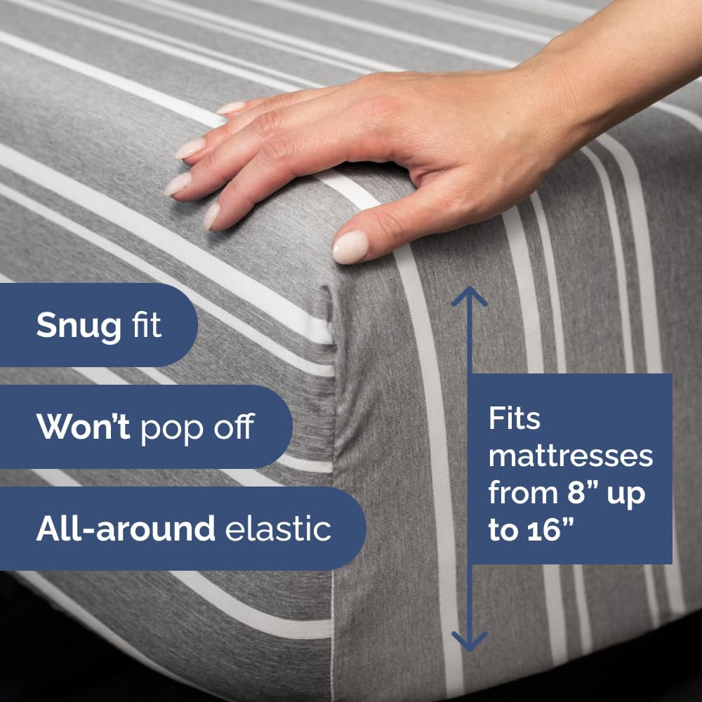 Skiennix Full XL Bed Sheet Set - Soft, Breathable & Cooling 4-Piece Luxury Bedding - Grey Stripes, Deep Pockets
