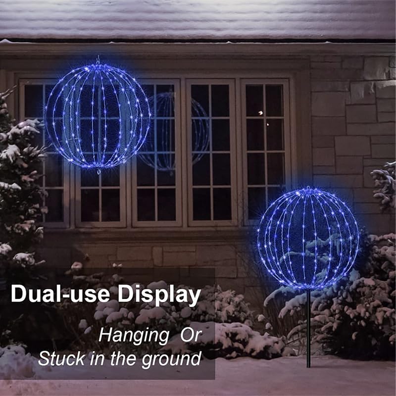 LAMPHOME 2-Pack 12in Blue Foldable Metal Sphere Christmas Lights with 16 Modes & Timer